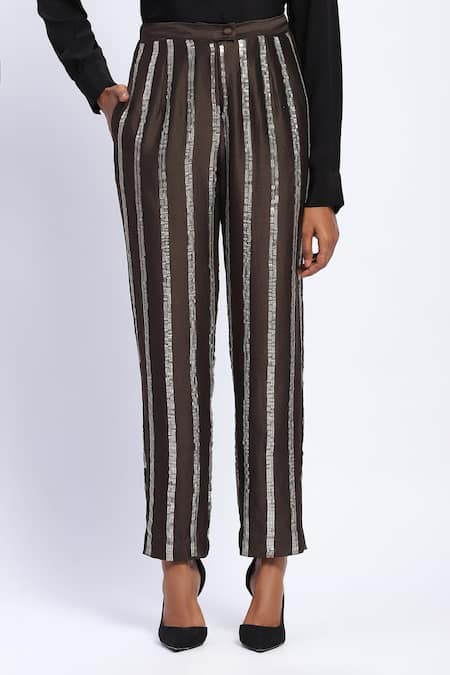 Abraham And Thakore Brown Chanderi Sequins Stripe Pant Online at Aza Fashions Abraham And Thakore_Brown Chanderi Sequins Stripe Pant _Online_at_Aza_Fashions