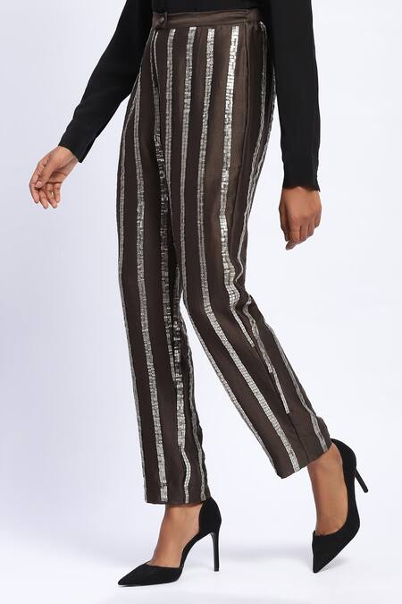Shop Abraham And Thakore Brown Chanderi Sequins Stripe Pant Online at Aza Fashions Shop_Abraham And Thakore_Brown Chanderi Sequins Stripe Pant _Online_at_Aza_Fashions