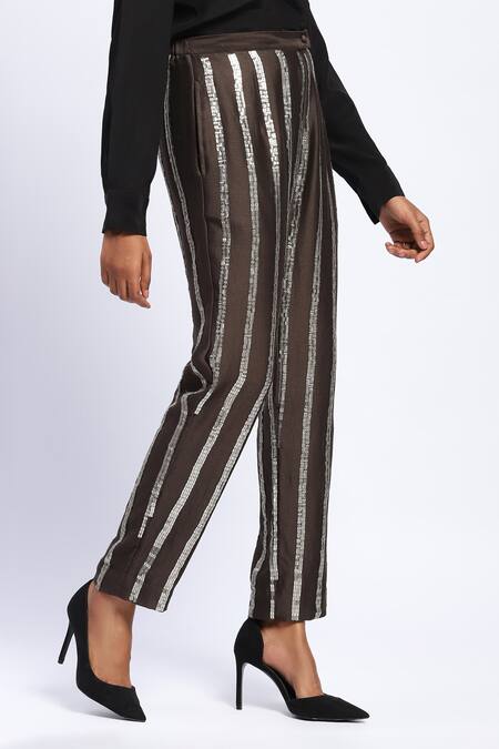 Abraham And Thakore Brown Chanderi Sequins Stripe Pant at Aza Fashions Abraham And Thakore_Brown Chanderi Sequins Stripe Pant _at_Aza_Fashions
