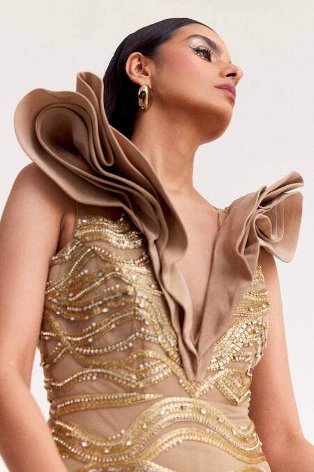 Tisharth By Shivani_Gold Polyester, Lycra Beads Plunge Neck Embroidered Maxi Dress _Online_at_Aza_Fashions