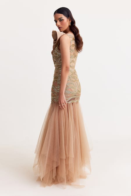 Tisharth By Shivani Gold Beaded Embroidered Maxi Dress 