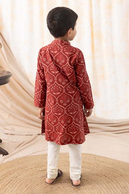 Shop Tiber Taber Maroon Cotton Mughal Floral Print Kurta Set at Aza Fashions Shop_Tiber Taber_Maroon Cotton Mughal Floral Print Kurta Set _at_Aza_Fashions