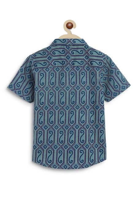 Shop_Tiber Taber_Blue Cotton Geometric Print Shirt _at_Aza_Fashions