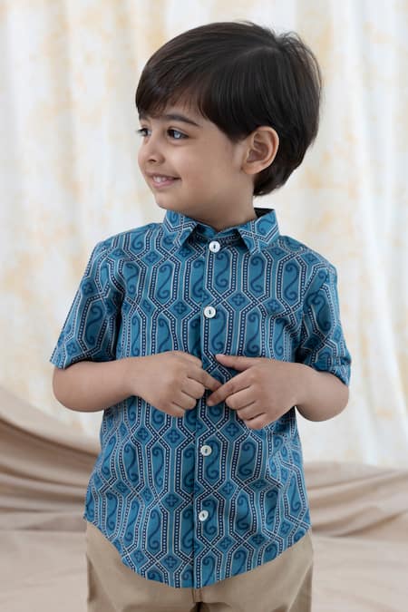 Tiber Taber_Blue Cotton Geometric Print Shirt _Online_at_Aza_Fashions