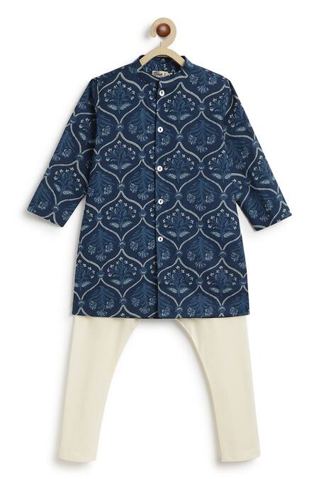 Tiber Taber Blue Cotton Mughal Floral Print Kurta Set Online at Aza Fashions Tiber Taber_Blue Cotton Mughal Floral Print Kurta Set_Online_at_Aza_Fashions