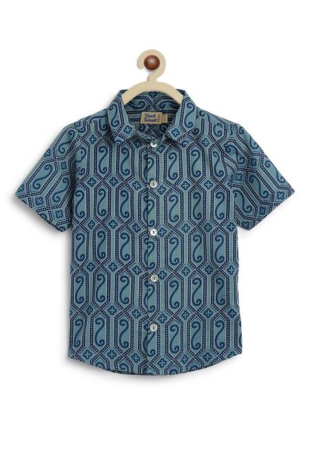 Shop_Tiber Taber_Blue Cotton Geometric Print Shirt _Online_at_Aza_Fashions
