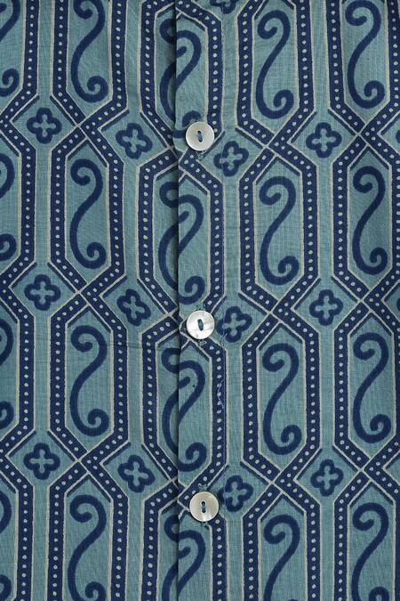 Buy_Tiber Taber_Blue Cotton Geometric Print Shirt 