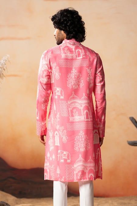 Shop Hilo Design Pink Silk, Cotton Embroidery Arco Botanical Print Kurta With Pant at Aza Fashions Shop_Hilo Design_Pink Silk, Cotton Embroidery Arco Botanical Print Kurta With Pant _at_Aza_Fashions
