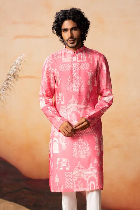 Hilo Design Pink Silk, Cotton Embroidery Arco Botanical Print Kurta With Pant Online at Aza Fashions Hilo Design_Pink Silk, Cotton Embroidery Arco Botanical Print Kurta With Pant _Online_at_Aza_Fashions
