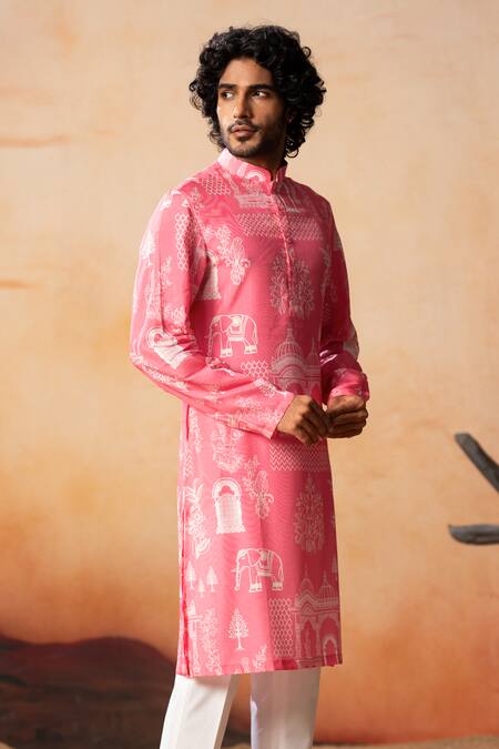 Buy Hilo Design Pink Silk, Cotton Embroidery Arco Botanical Print Kurta With Pant Online at Aza Fashions Buy_Hilo Design_Pink Silk, Cotton Embroidery Arco Botanical Print Kurta With Pant _Online_at_Aza_Fashions
