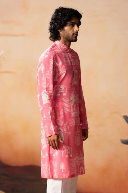 Shop Hilo Design Pink Silk, Cotton Embroidery Arco Botanical Print Kurta With Pant Online at Aza Fashions Shop_Hilo Design_Pink Silk, Cotton Embroidery Arco Botanical Print Kurta With Pant _Online_at_Aza_Fashions