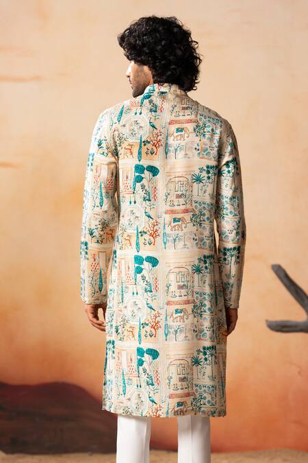 Shop Hilo Design Cream Silk Embroidery Russian Forest Print Kurta at Aza Fashions Shop_Hilo Design_Cream Silk Embroidery Russian Forest Print Kurta_at_Aza_Fashions