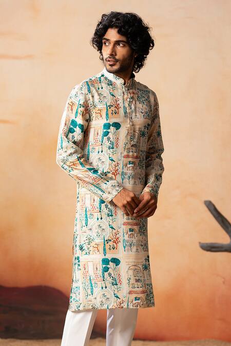Hilo Design Cream Silk Embroidery Russian Forest Print Kurta Online at Aza Fashions Hilo Design_Cream Silk Embroidery Russian Forest Print Kurta_Online_at_Aza_Fashions