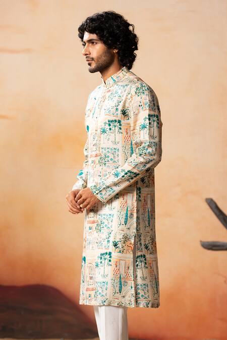 Shop Hilo Design Cream Silk Embroidery Russian Forest Print Kurta Online at Aza Fashions Shop_Hilo Design_Cream Silk Embroidery Russian Forest Print Kurta_Online_at_Aza_Fashions
