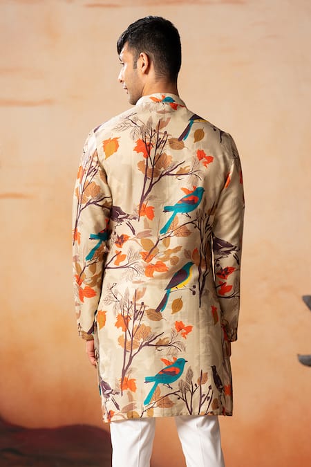 Shop Hilo Design Cream Gingham Serene Bird Print Kurta at Aza Fashions Shop_Hilo Design_Cream Gingham Serene Bird Print Kurta _at_Aza_Fashions