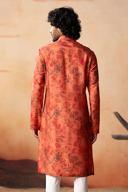 Shop Hilo Design Orange Silk Embroidery Bloom Floral Jaal Print Kurta at Aza Fashions Shop_Hilo Design_Orange Silk Embroidery Bloom Floral Jaal Print Kurta_at_Aza_Fashions
