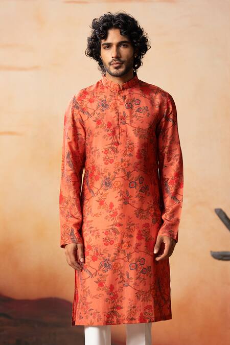 Hilo Design Orange Silk Embroidery Bloom Floral Jaal Print Kurta Online at Aza Fashions Hilo Design_Orange Silk Embroidery Bloom Floral Jaal Print Kurta_Online_at_Aza_Fashions