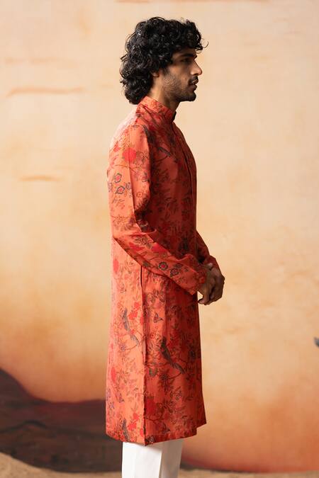 Buy Hilo Design Orange Silk Embroidery Bloom Floral Jaal Print Kurta Online at Aza Fashions Buy_Hilo Design_Orange Silk Embroidery Bloom Floral Jaal Print Kurta_Online_at_Aza_Fashions