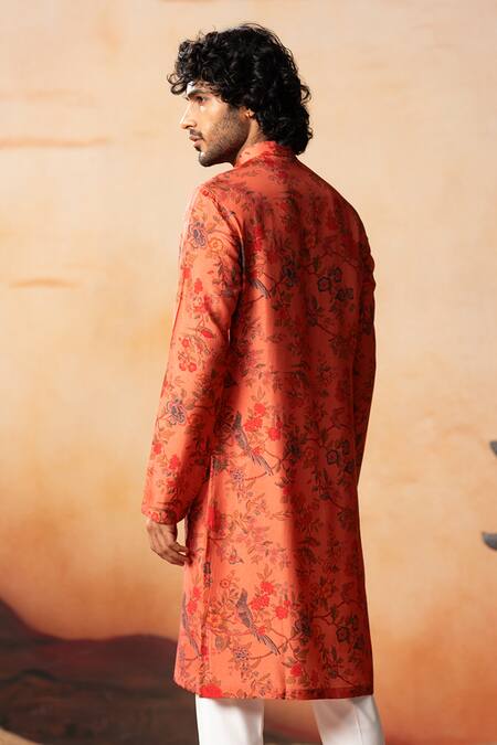 Shop Hilo Design Orange Silk Embroidery Bloom Floral Jaal Print Kurta Online at Aza Fashions Shop_Hilo Design_Orange Silk Embroidery Bloom Floral Jaal Print Kurta_Online_at_Aza_Fashions