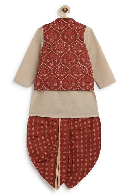 Buy Tiber Taber Maroon Cotton Embroidery Mughal Print Bundi And Kurta Set Buy_Tiber Taber_Maroon Cotton Embroidery Mughal Print Bundi And Kurta Set