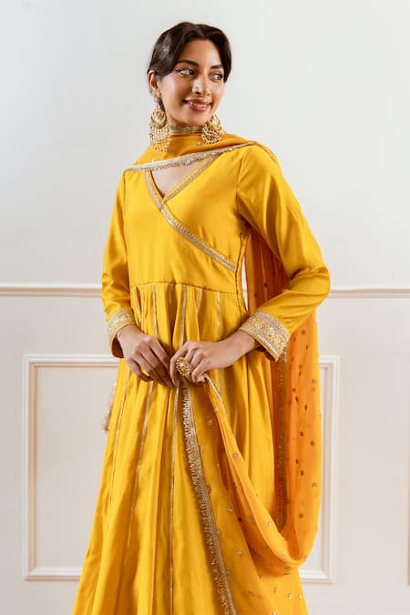 Rivaaj Clothing_Yellow Modal, Silk Sequins, Zari V-neck Embroidered Angarkha Set _Online_at_Aza_Fashions
