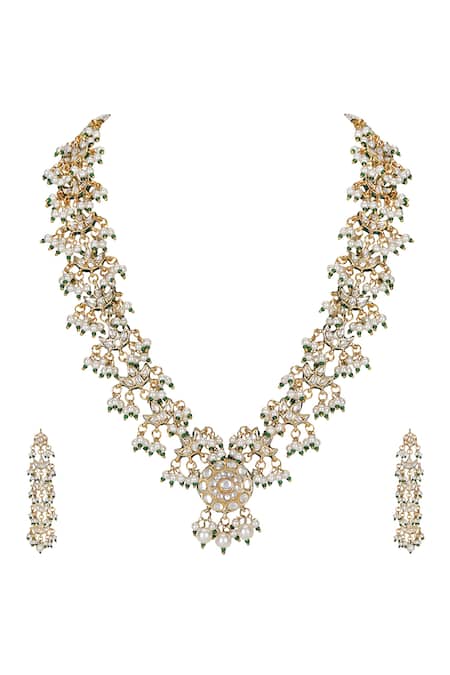 Shop Auraa Trends Green Beads Kundan Embellished Necklace Set at Aza Fashions Shop_Auraa Trends_Green Beads Kundan Embellished Necklace Set _at_Aza_Fashions