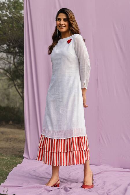 Shop_Gulaal_White Cotton Embroidery Round Neck Heart Ruffle Midi Dress_Online_at_Aza_Fashions