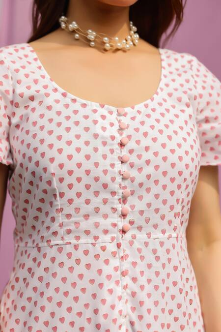 Buy_Gulaal_White Cotton Hand Print Heart Round Tiered Dress_Online_at_Aza_Fashions