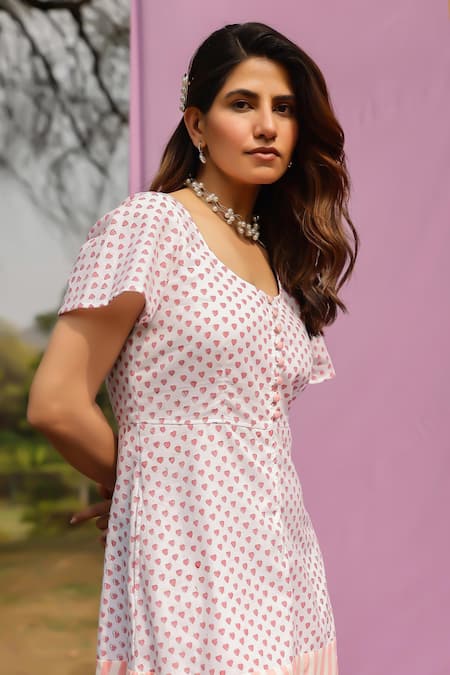 Shop_Gulaal_White Cotton Hand Print Heart Round Tiered Dress_Online_at_Aza_Fashions