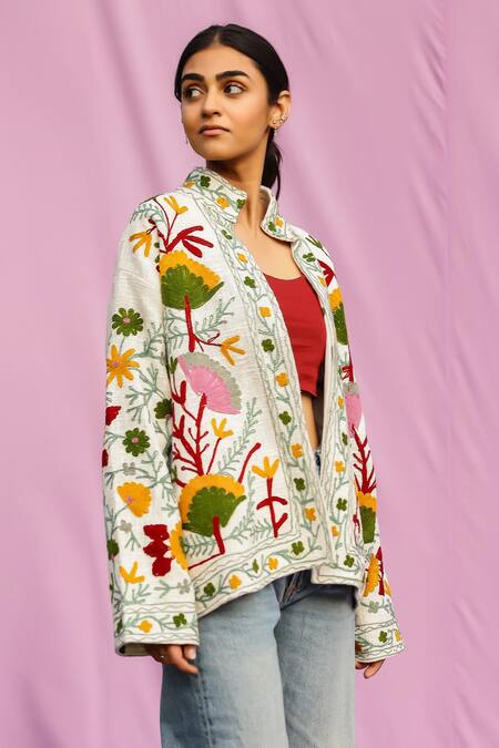 Buy_Gulaal_Multi Color Cotton Embroidery Collared Sujani Floral Jacket _Online_at_Aza_Fashions