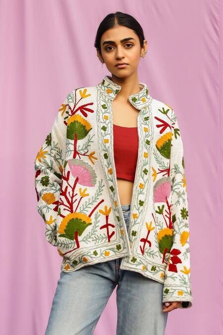 Shop_Gulaal_Multi Color Cotton Embroidery Collared Sujani Floral Jacket _Online_at_Aza_Fashions