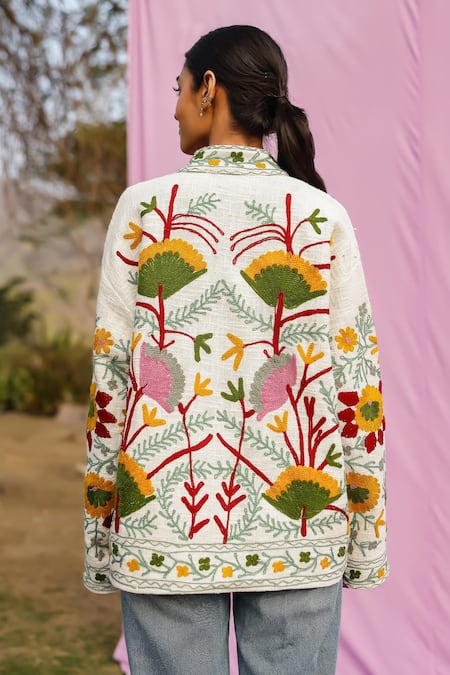 Gulaal_Multi Color Cotton Embroidery Collared Sujani Floral Jacket _Online_at_Aza_Fashions