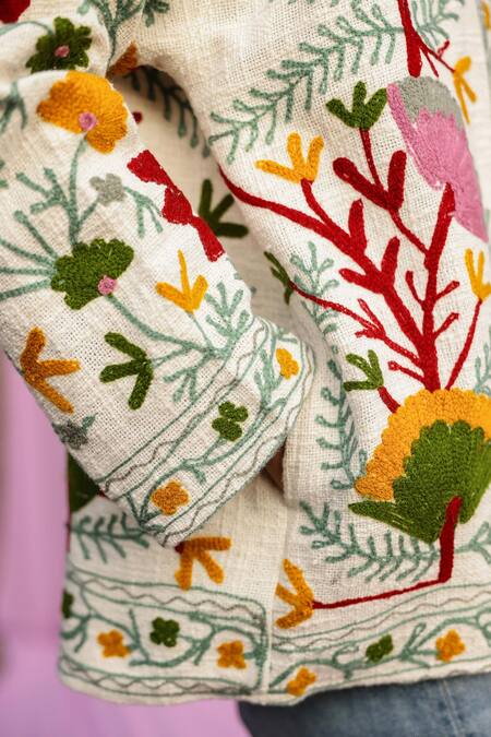 Gulaal_Multi Color Cotton Embroidery Collared Sujani Floral Jacket _at_Aza_Fashions