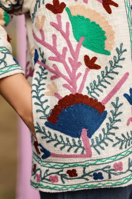 Gulaal Multi Color Cotton Embroidery Collared Floral Sujani Jacket Online at Aza Fashions Gulaal_Multi Color Cotton Embroidery Collared Floral Sujani Jacket_Online_at_Aza_Fashions