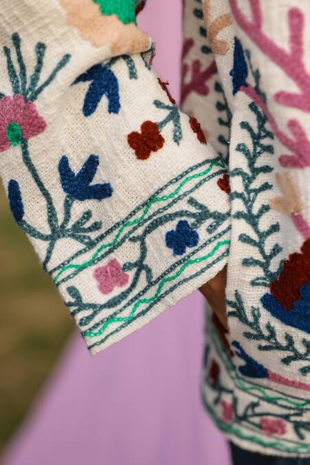 Shop Gulaal Multi Color Cotton Embroidery Collared Floral Sujani Jacket Online at Aza Fashions Shop_Gulaal_Multi Color Cotton Embroidery Collared Floral Sujani Jacket_Online_at_Aza_Fashions