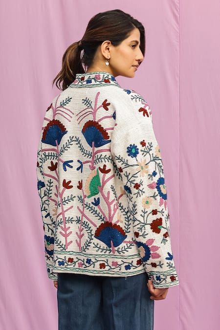 Shop Gulaal Multi Color Cotton Embroidery Collared Floral Sujani Jacket at Aza Fashions Shop_Gulaal_Multi Color Cotton Embroidery Collared Floral Sujani Jacket_at_Aza_Fashions
