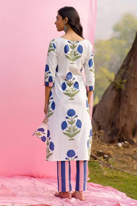 Gulaal Floral Hand Print Kurta & Striped Pant Set 