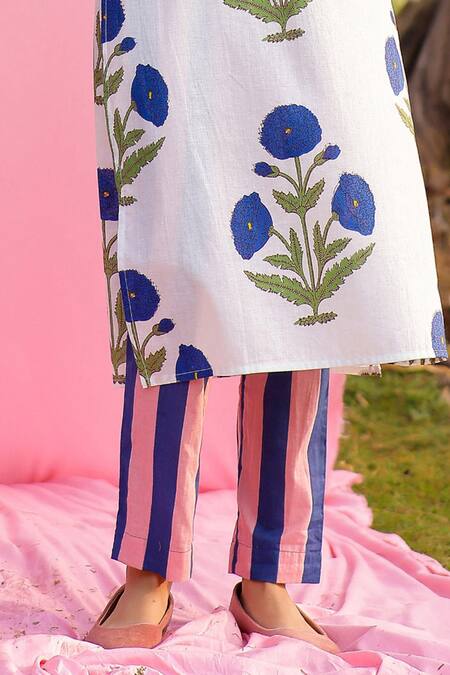 Buy_Gulaal_White Cotton Embroidery Round Neck Floral Hand Print Kurta And Striped Pant Set _Online_at_Aza_Fashions