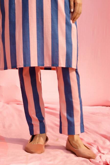 Gulaal_Blue Cotton Mandarin Collar Striped Kurta Set _Online_at_Aza_Fashions