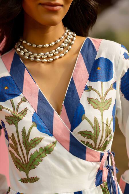 Gulaal_White Cotton V-neck Floral Print Angarkha Kurta Set _at_Aza_Fashions