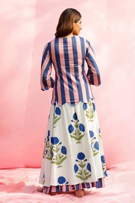 Gulaal V Neck Striped Top & Floral Skirt Set 