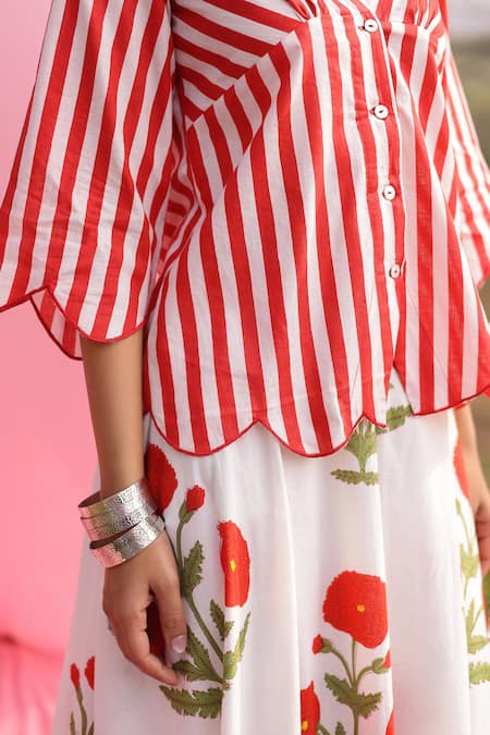 Buy_Gulaal_Red Cotton Embroidery V-neck Hand Print Top And Layered Skirt Set _Online_at_Aza_Fashions