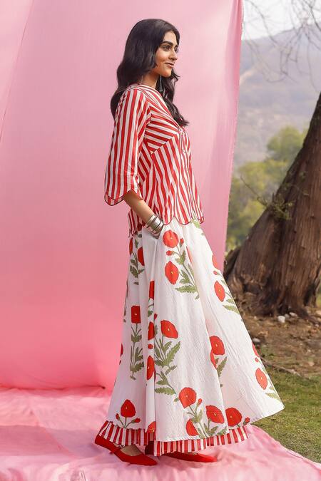 Shop_Gulaal_Red Cotton Embroidery V-neck Hand Print Top And Layered Skirt Set _Online_at_Aza_Fashions