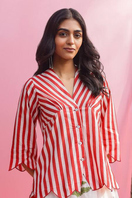 Gulaal_Red Cotton Embroidery V-neck Hand Print Top And Layered Skirt Set _at_Aza_Fashions