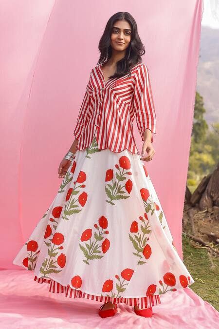 Shop_Gulaal_Red Cotton Embroidery V-neck Hand Print Top And Layered Skirt Set 
