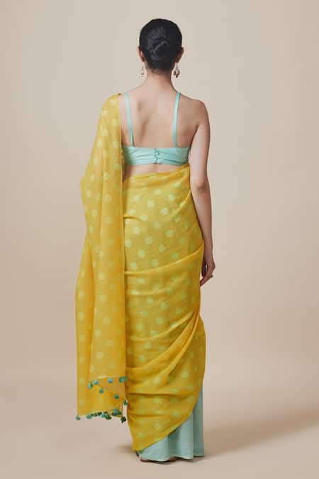 Dressfolk Polka Pattern Handloom Pre-Draped Saree Set with Running Blouse 