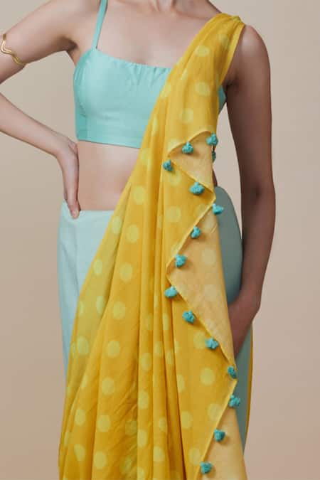 Shop_Dressfolk_Yellow Cotton Polka Pattern Handloom Pre-draped Saree Set With Running Blouse _Online_at_Aza_Fashions