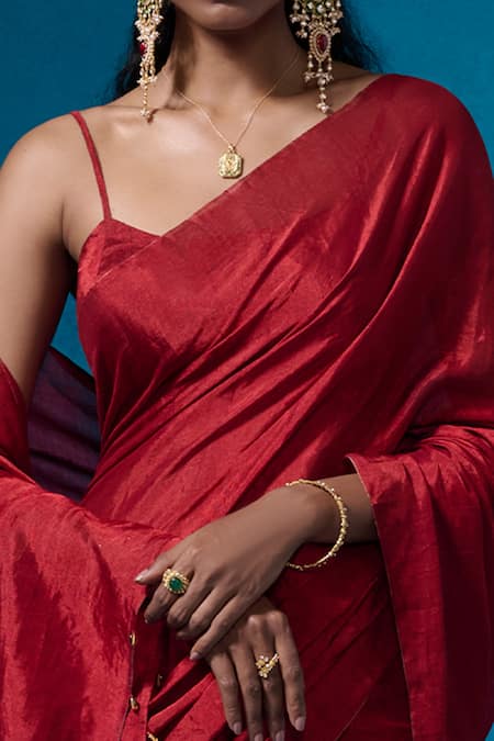 Dressfolk_Red Handloom Cotton Beads Edge Pre-draped Saree With Running Blouse _at_Aza_Fashions