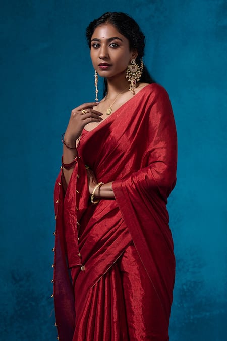 Buy_Dressfolk_Red Handloom Cotton Beads Edge Pre-draped Saree With Running Blouse 