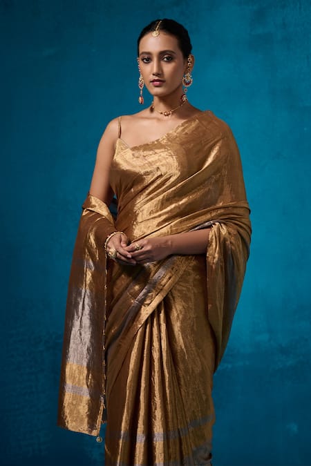 Buy_Dressfolk_Gold Handloom Stripe Woven Tissue Pre-draped Saree Set With Running Blouse _Online_at_Aza_Fashions